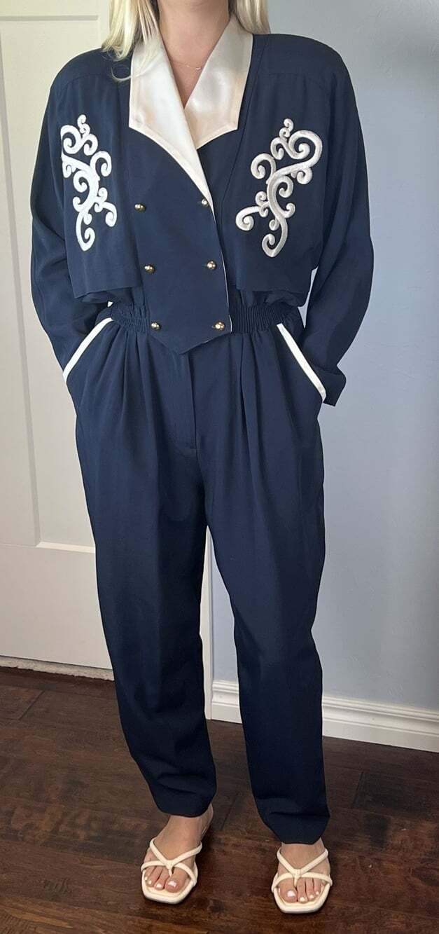 Vintage Joseph Ribkoff Jumpsuit S Navy White Embroidered Gold Button Nautical